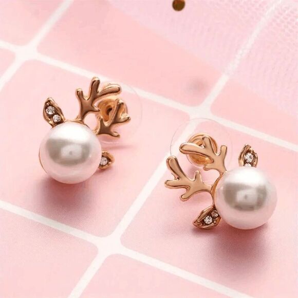 Reindeer Pearl Diamond Gold Plated Stud Earrings - Picture 5 of 7